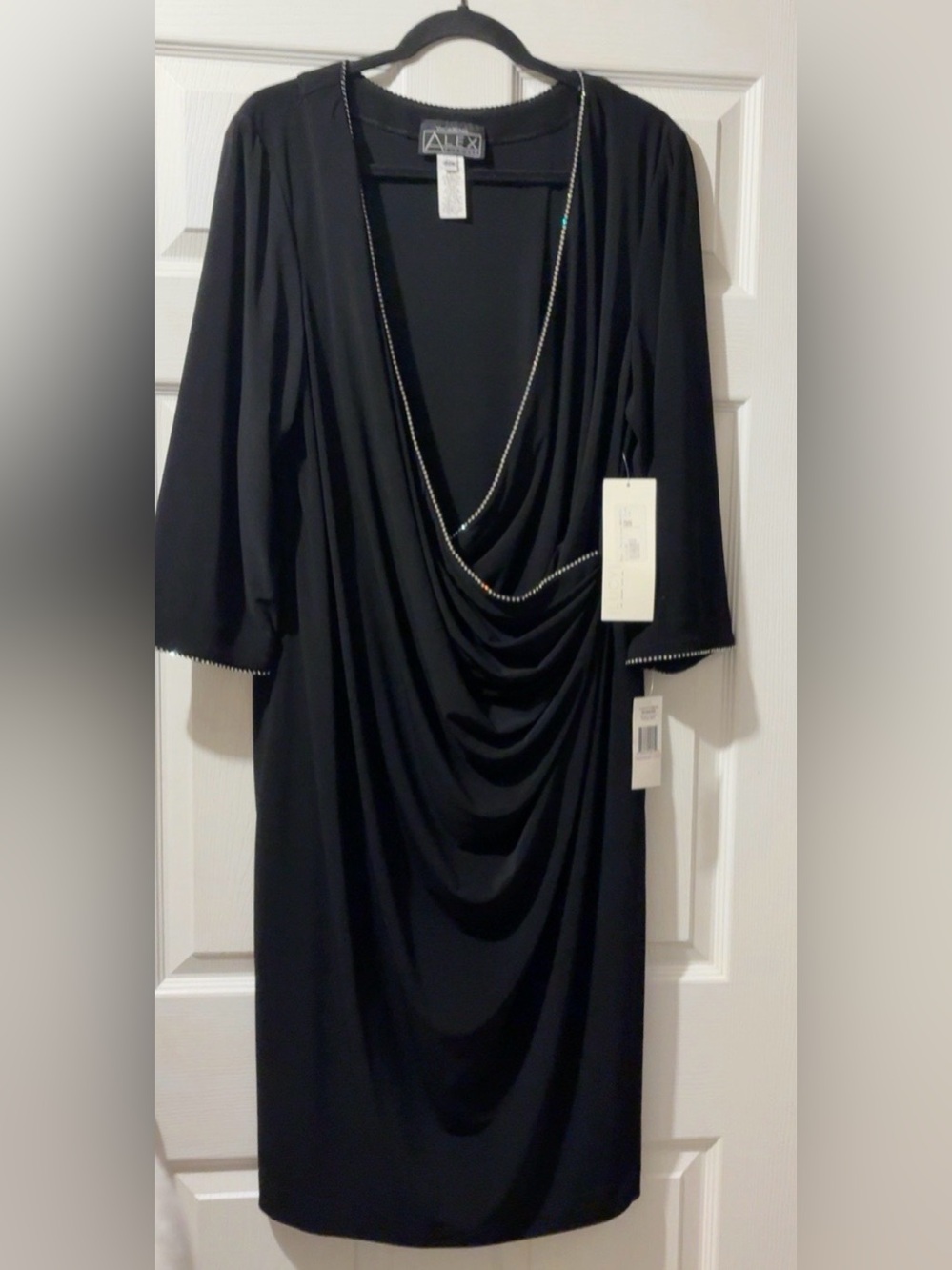 NWT Alex Evenings Black Rhinestone Cowl Neck Dress Plus Size 22W
